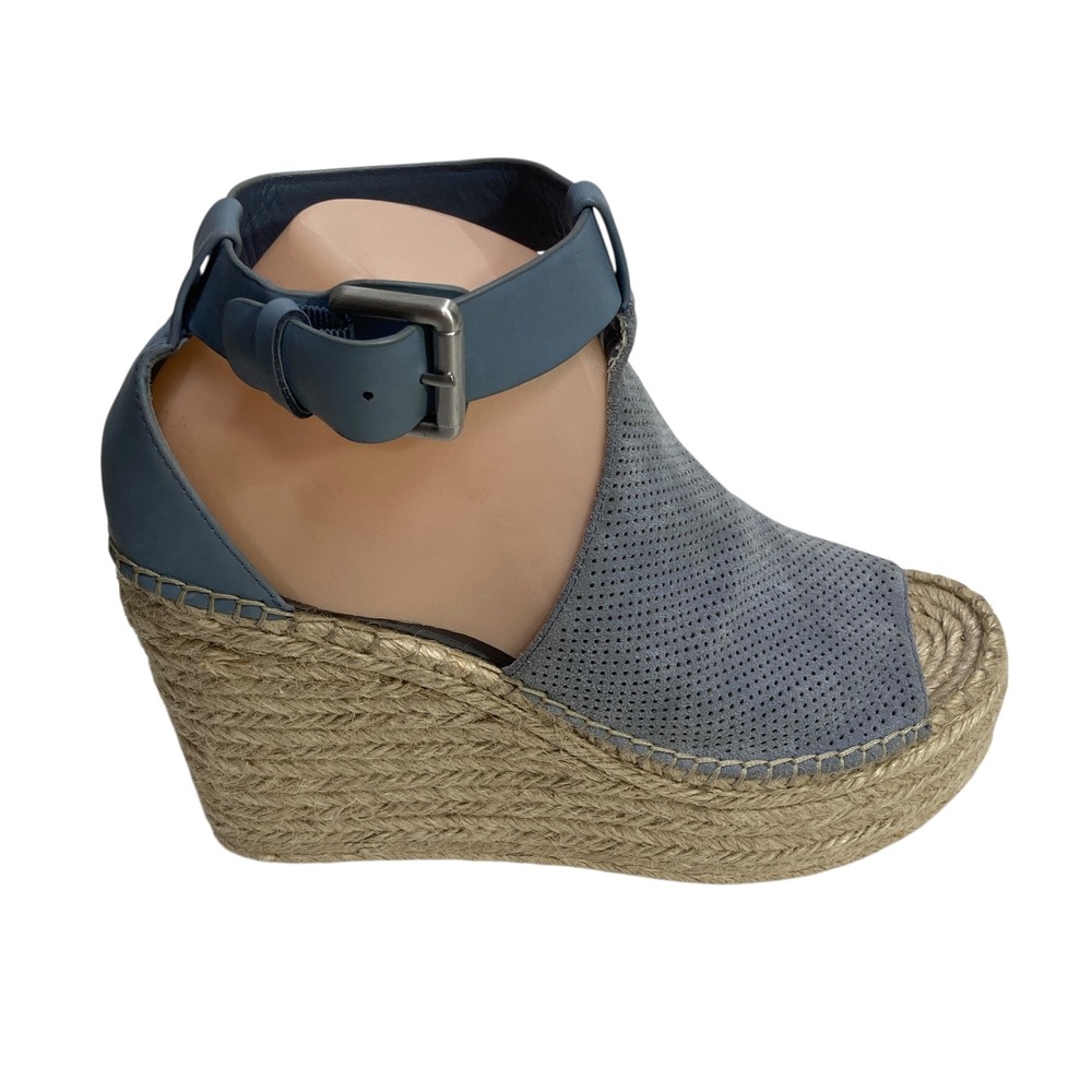 Marc Fisher MLANNIE Leather Suede Espadrille Wedge Ankle Strap Sandal Blue 9M